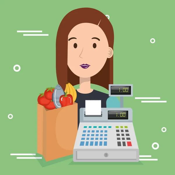 Consumatore con supermercato generi alimentari — Vettoriale Stock