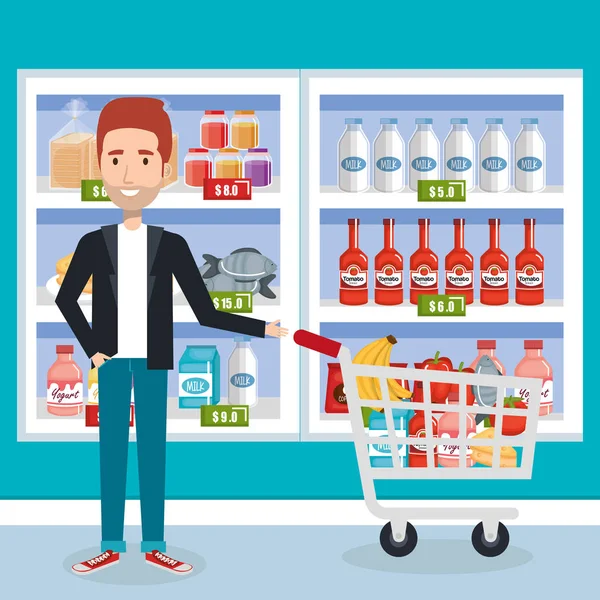 Consument met shopping cart van boodschappen — Stockvector