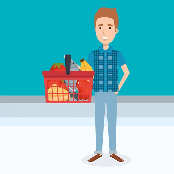 Consumidor com cesto de compras de mantimentos —  Vetores de Stock