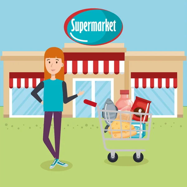 Consument met shopping cart van boodschappen — Stockvector