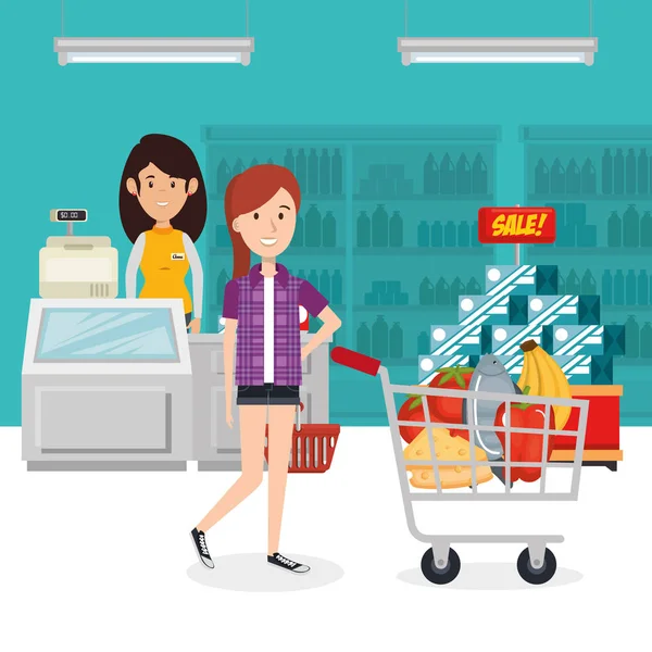 Consumidor con carrito de compras de comestibles — Archivo Imágenes Vectoriales