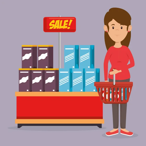 Consumidor com cesto de compras de mantimentos — Vetor de Stock