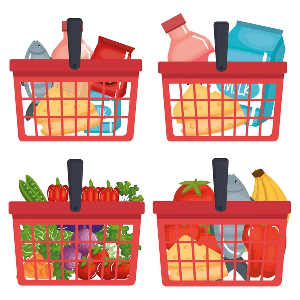 Supermercado cesta de compras com mantimentos —  Vetores de Stock