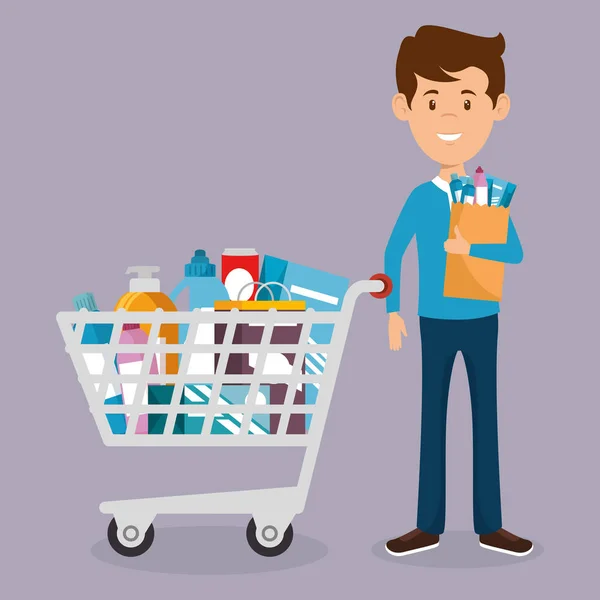 Consumidor con carrito de compras de comestibles — Archivo Imágenes Vectoriales