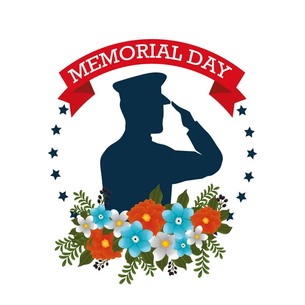 Happy memorial day with beautiful flowers and soldier silhouette — Stock Vector