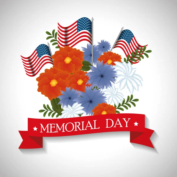 Happy memorial day with beautiful flowers and usa flags — Stock Vector