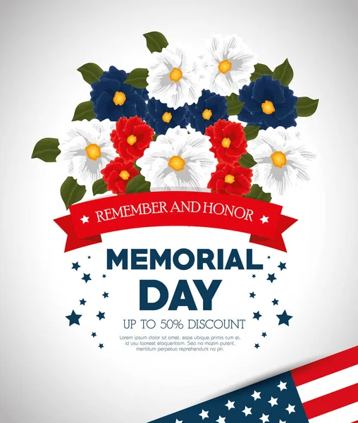 Fröhlicher Gedenktag mit schönen Blumen und US-Flaggen — Stockvektor