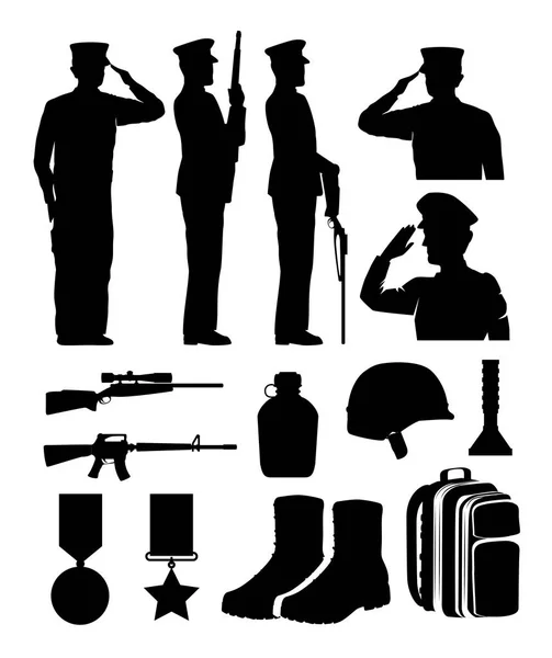 Soldiers and equipment silhouettes — Stock Vector