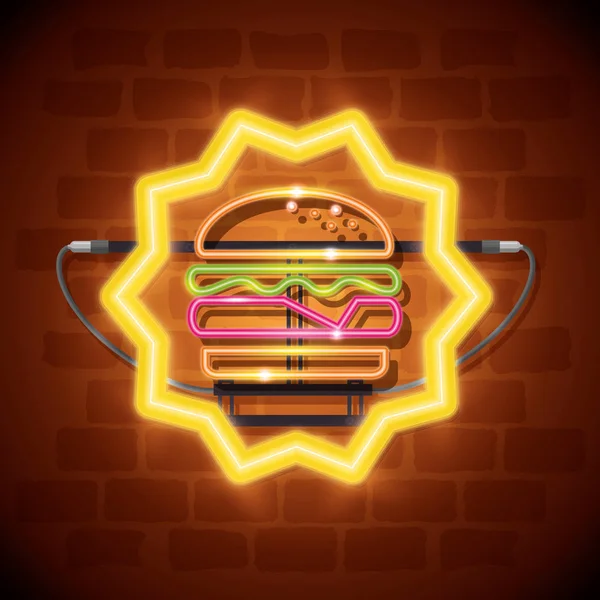 Comida rápida hamburguesa etiqueta de neón — Vector de stock