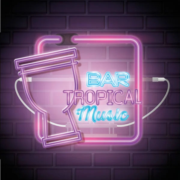 Tropische muziek bar neon label — Stockvector