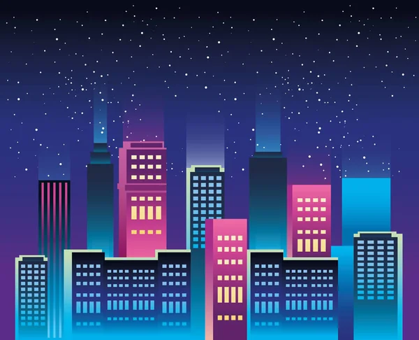 Bâtiments de paysage urbain avec néons lumières — Image vectorielle