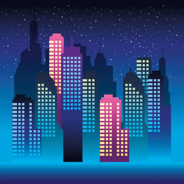 Cityscape buildings with neons lights — Stock Vector