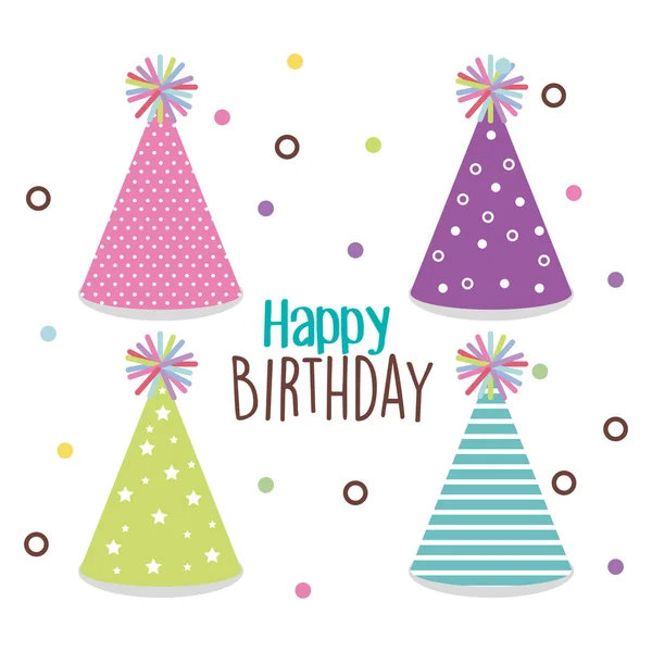 Happy birthday card with hat party — Stock Vector