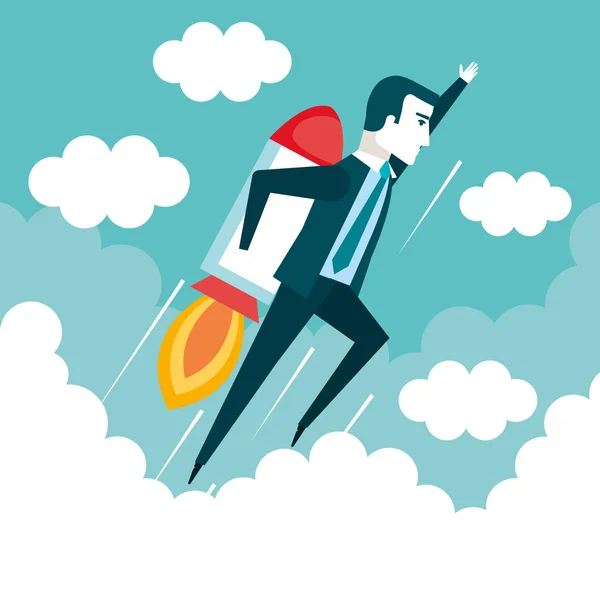 Success in business start up businessman is flying on the rocket up — Stock Vector