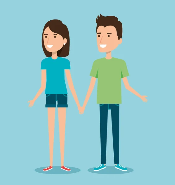 Jeune couple heureux geste sourire sur fond bleu — Image vectorielle