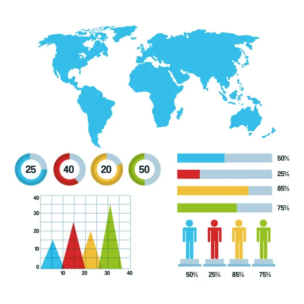 Carte du monde infographie statistiques démographiques graphiques barres graphiques — Image vectorielle