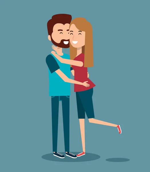 Joven feliz pareja gesto sonrisa sobre fondo azul — Vector de stock