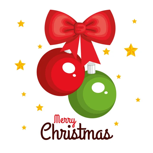 Merry christmas hanging balls red and green bow star — Stock Vector