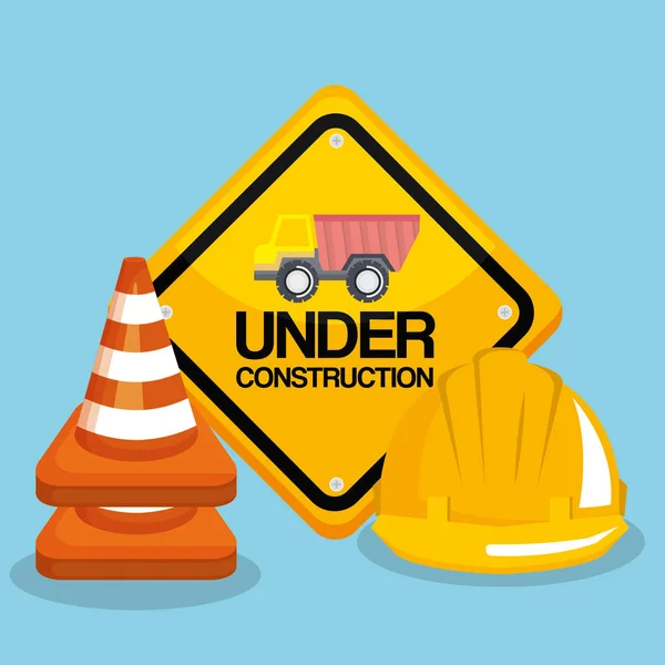 Under konstruktion road sign hjälm och trafik kon — Stock vektor