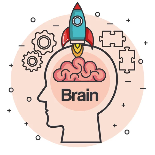 Cabeza con cohete cerebro pensar idea concepto — Vector de stock