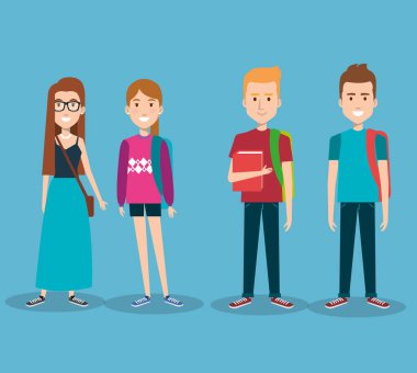 kitap ile mutlu öğrencilerin grup karakter sırt çantaları