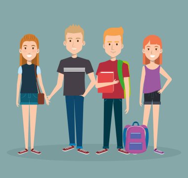 kitap ile mutlu öğrencilerin grup karakter sırt çantaları