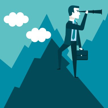 işadamı stand için başarı fırsatları gelecekteki iş arıyorum teleskop kullanarak dağın zirvesinde