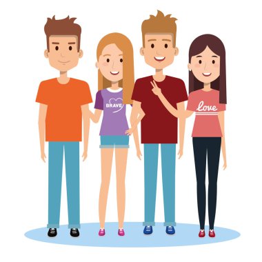 Grup mutlu insanlar arkadaşıyla birlikte beyaz bir arka plan üzerinde rahat kıyafetler
