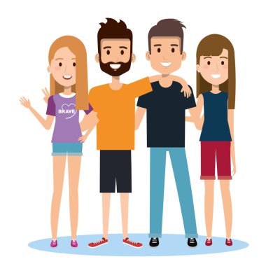 Grup mutlu insanlar arkadaşıyla birlikte beyaz bir arka plan üzerinde rahat kıyafetler