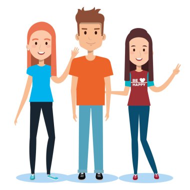 beyaz zemin üzerinde üç arkadaş kucaklayan karakterler