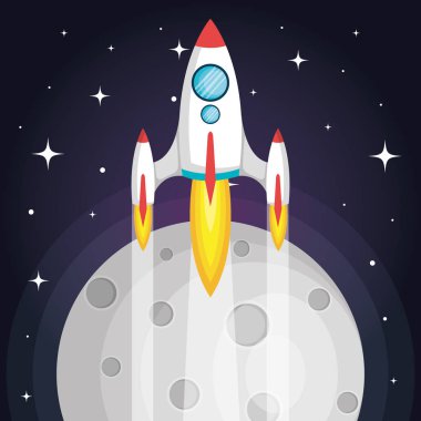 Ay ve yıldız ile uzayda uçan uzay roketi