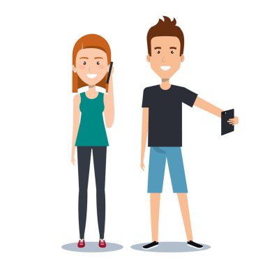 genç adam ve smartphone cep telefonu karikatür tarafından kullanarak tutan kadın