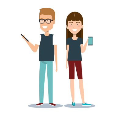 genç adam ve smartphone cep telefonu karikatür tarafından kullanarak tutan kadın