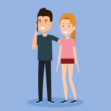 genç adam ve smartphone cep telefonu karikatür tarafından kullanarak tutan kadın