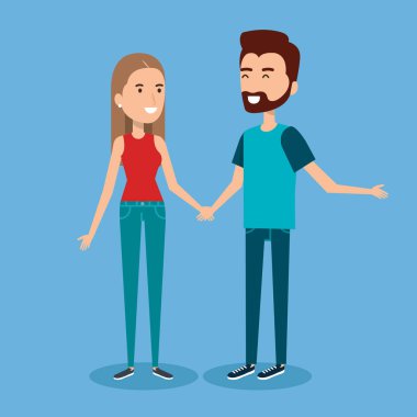 Genç mutlu çift el hareketi üzerinde mavi arka plan gülümsemek