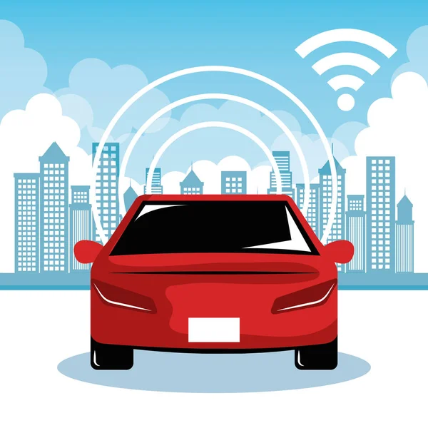 Auto autonome e sistema di comunicazione wireless città sfondo vettoriale illustrazione — Vettoriale Stock