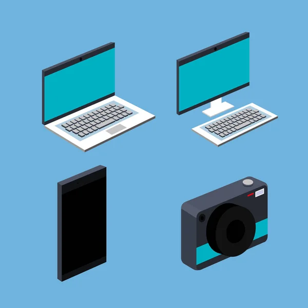 Camera van de slimme telefoon van de cel van laptop computer blauwe achtergrond instellen — Stockvector