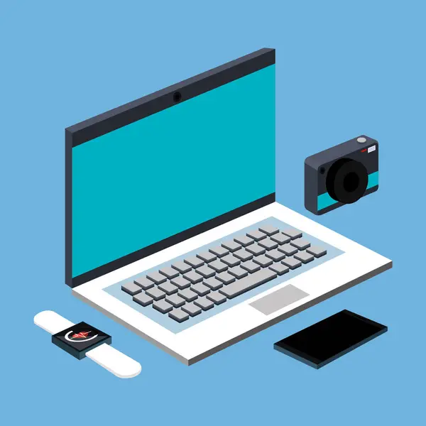 笔记本电脑照片相机 smartwatch 和智能手机设备小工具技术 — 图库矢量图片