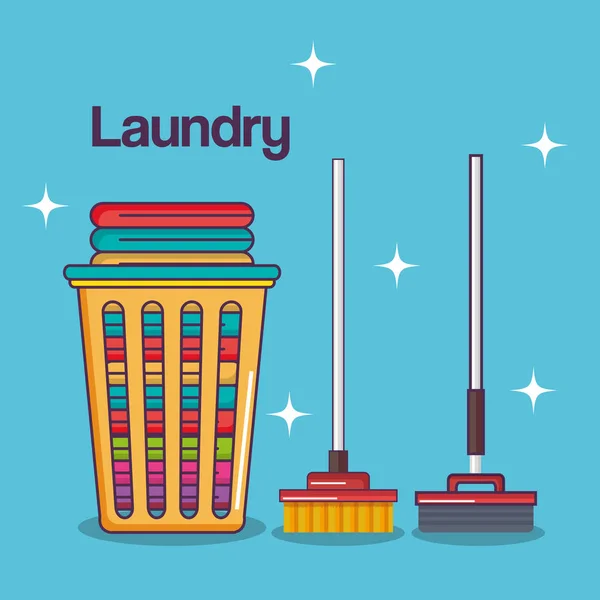 Servicio de lavandería cesta limpia escoba fregona de algodón — Vector de stock