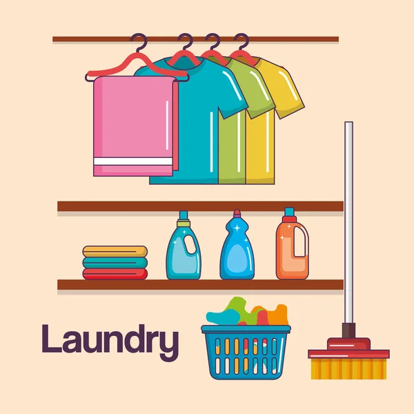 Laundry service clean hanger clothes basket broom detergent — Stock Vector