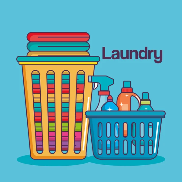 Çamaşırhane servis bez ve deterjan şişeleri ile temiz sepetleri — Stok Vektör