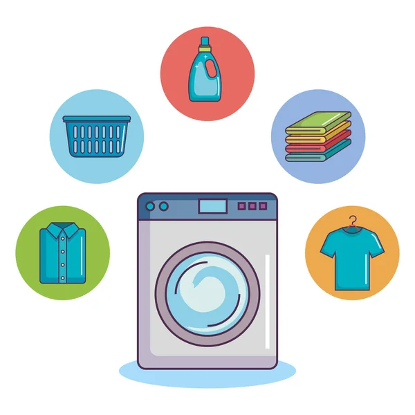 Máquina de lavar roupa com roupas toalha cesta sabão — Vetor de Stock