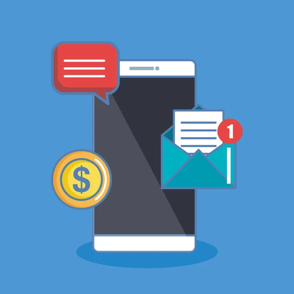 Notification d'un e-mail entrant SMS argent à une illustration vectorielle de téléphone mobile — Image vectorielle