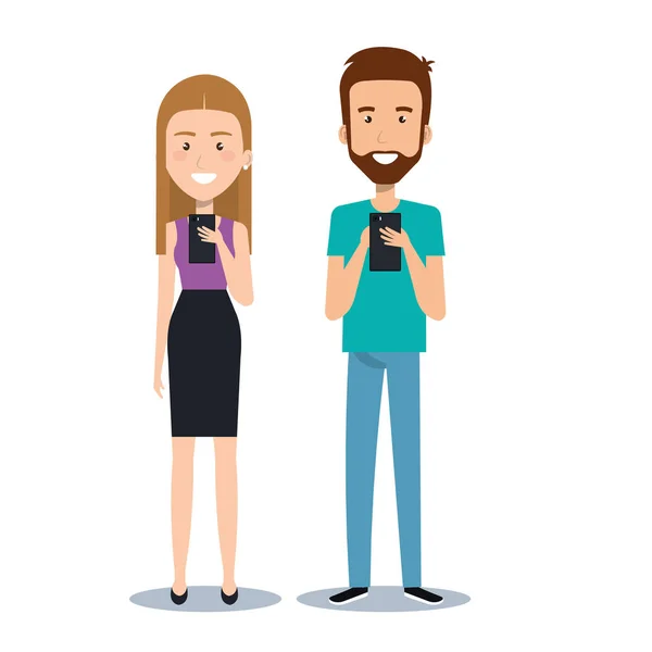 Joven hombre y mujer sosteniendo teléfono inteligente utilizando por dibujos animados del teléfono móvil — Vector de stock