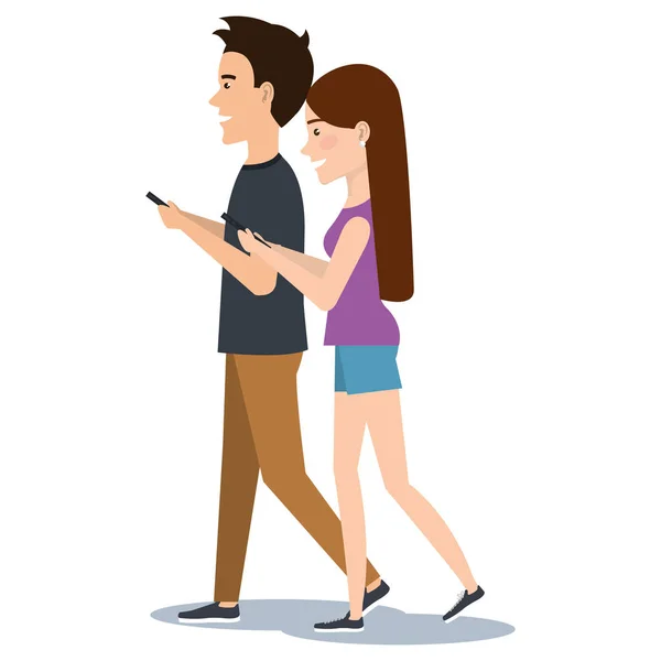 Young man and woman holding smartphone using by mobile phone cartoon — Stock Vector