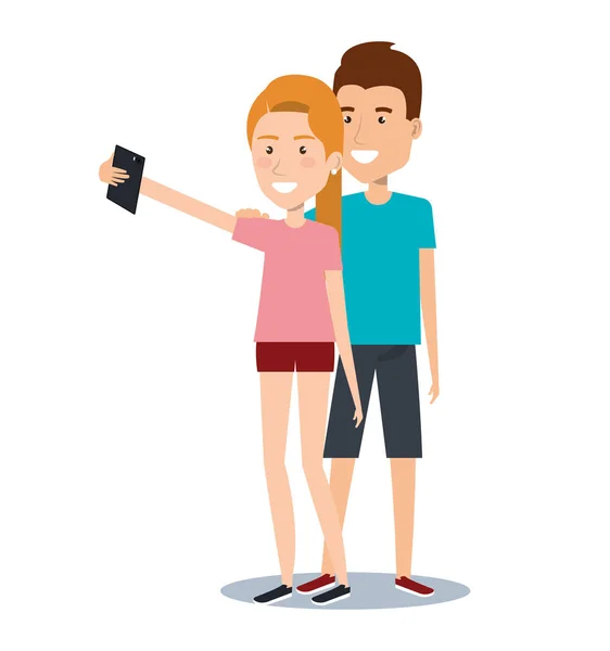 Young man and woman holding smartphone using by mobile phone cartoon — Stock Vector