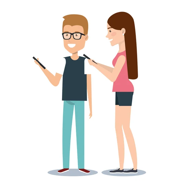 Mladý muž a žena držící smartphone pomocí mobilních telefonů kreslený — Stockový vektor