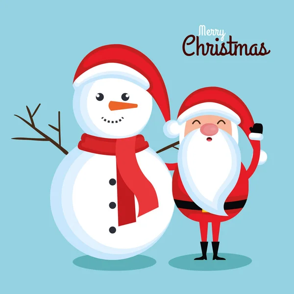 Счастливого Рождества Санта-Клауса и снеговика, обнимающего характер — стоковый вектор