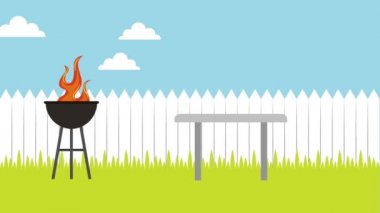 Barbekü Izgara masa sandalye ve şemsiye uçan kuşlar