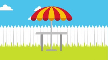 masa sandalye sunhade beyaz çit çayır bulutlar kuşları